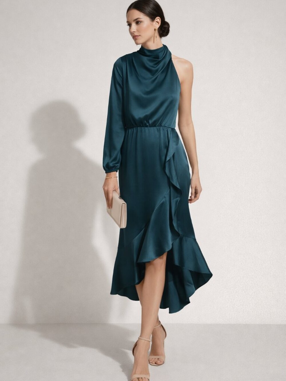 Teal Satin One Shoulder Mock Neck Cocktail Dress Asymmetrical Ruffle Hem Size 6